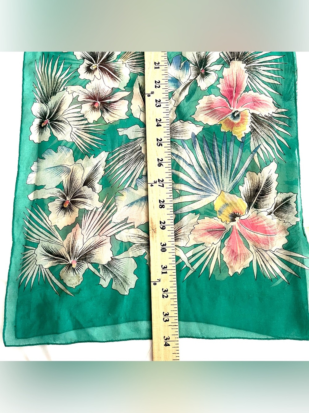 Vintage Tres-Elle Italian Floral Scarf Wrap Teal Aqua Tropical Hibiscus 70s - Picture 6 of 7